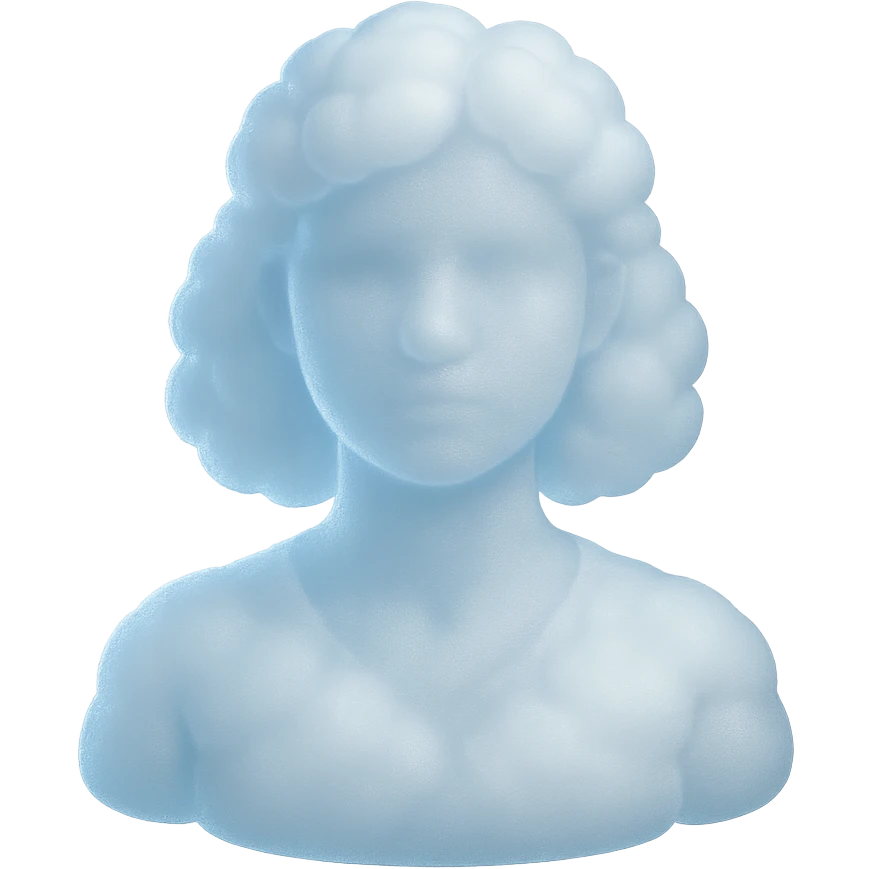 person looking straight, composed entirely of white fluffy convex clouds, shoulder length, matte glass style, no background, clouds with light blue glow emoji