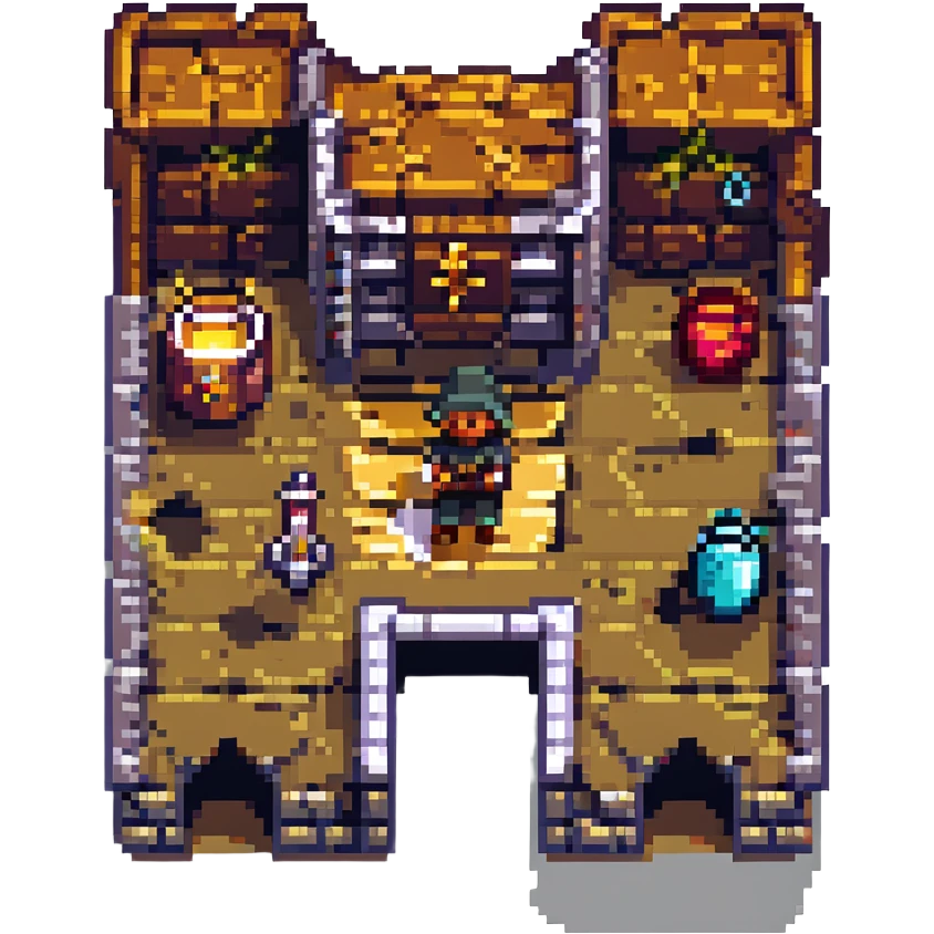 8-bit NES game mockup, pixel art style, top-down adventure scene with a dungeon, hero, and treasure emoji