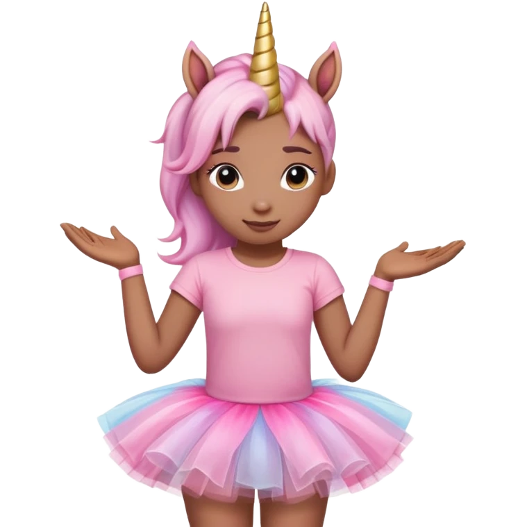 head and shoulders portrait of an anthropomorphised female unicorn in tutu and pink t-shirt, relaxed pose emoji