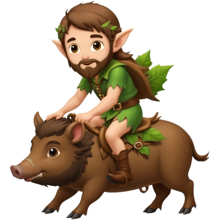 tiny forest elf man long brown hair beard riding baby boar emoji