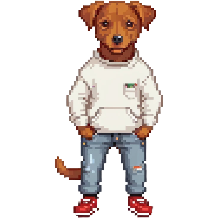 Brown dog standing upright with hands in jean pockets, wearing a white sweater and red shoes emoji