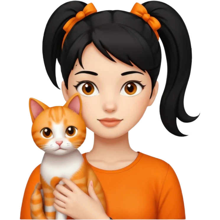 A black haired girl with a high ponytail holding an orange cat emoji