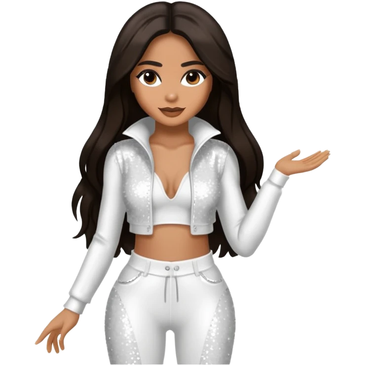 Ciara with long dark brown hair, white sequin outfit emoji