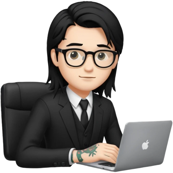 a young man with long black hair, with formal cloth, wearing glasses sitting with a laptop, tattoo inyout arms emoji