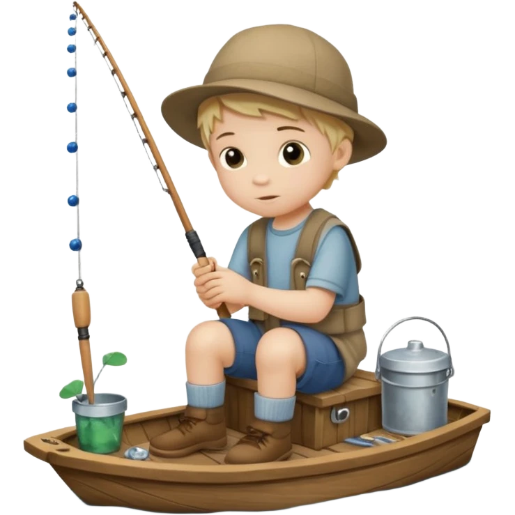 Little boy on the dock fishing, felt texture, scrapbooking, precious moments style character emoji