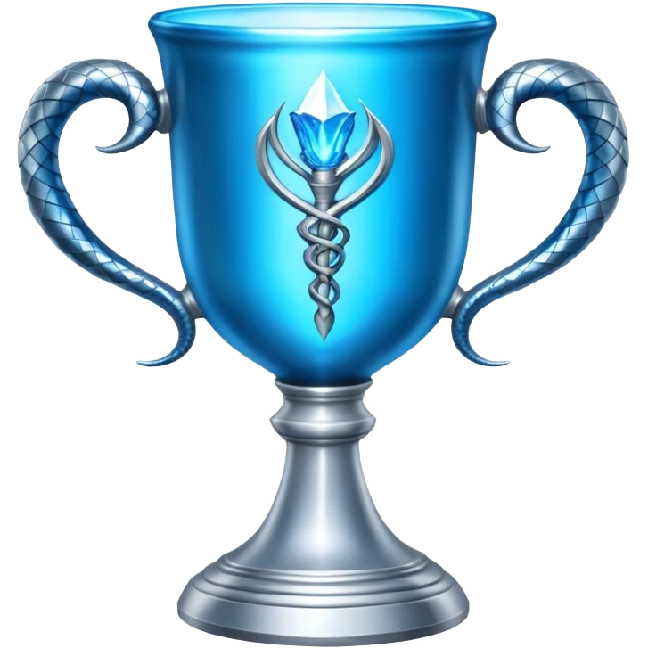 exact movie-accurate Triwizard Cup from Harry Potter, wide chalice with angular facets, two distinct silver snake handles curving upward, bright blue glow inside emoji