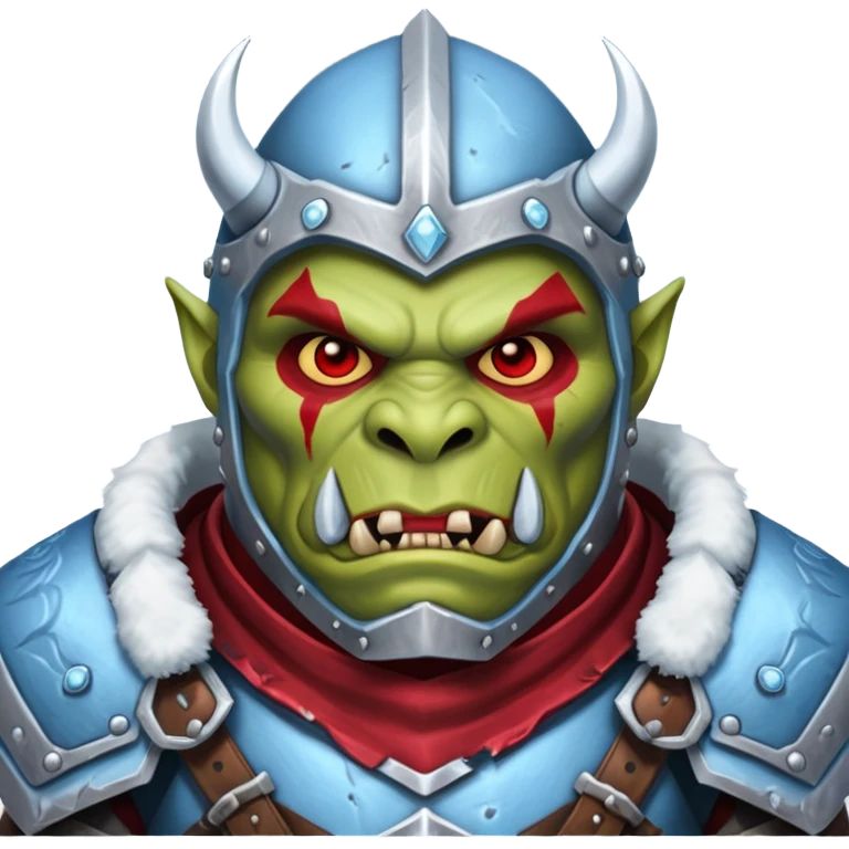 
Fantasy Christmas orc legion soldier icon, iron tundra army theme, heavy winter armor, disciplined brutal look, icy blue steel armor with deep crimson accents, frozen metal texture, cold winter atmosphere, male variant emoji