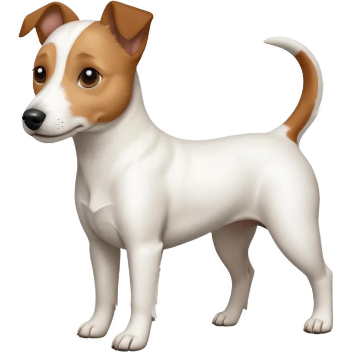 a full body white jack russel looking dog the size of a kelpie with light brown ears and a light brown patch on one eye, flopped down ears and a large snout emoji
