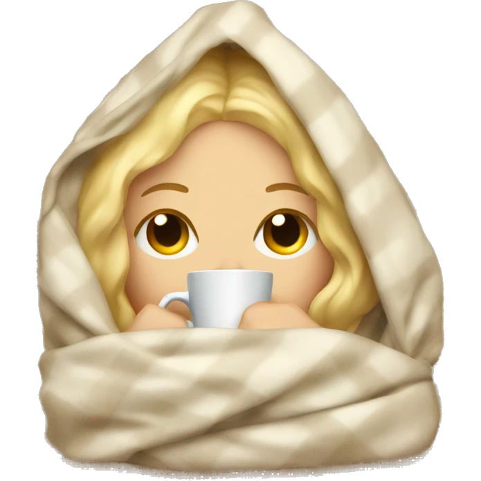 Blonde girl inside a blanket sipping coffee eyes closed emoji