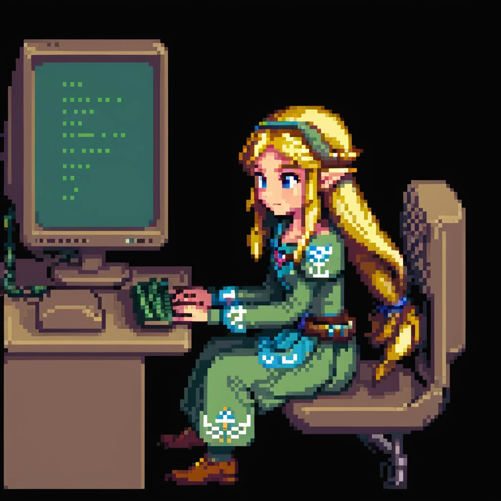 Princess Zelda sitting at computer typing code emoji