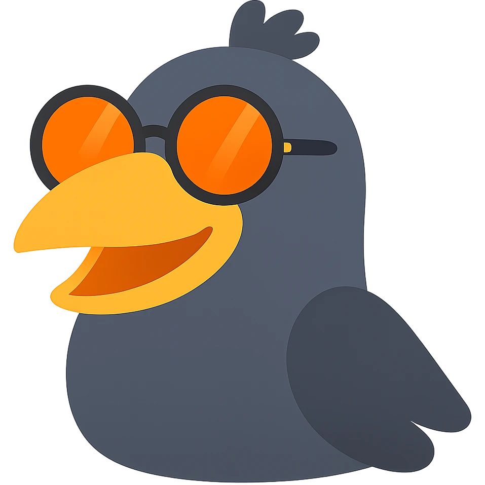 Make the bird emoji even less realistic—more cartoonish and simplified, but keep the same pose, orange beak, and round sunglasses. Minimal feather texture, smooth shading, and a playful look. Bird with a big smile. No background. Maintain the style of the original bird emoji but make it more cartoonish and simplified. emoji