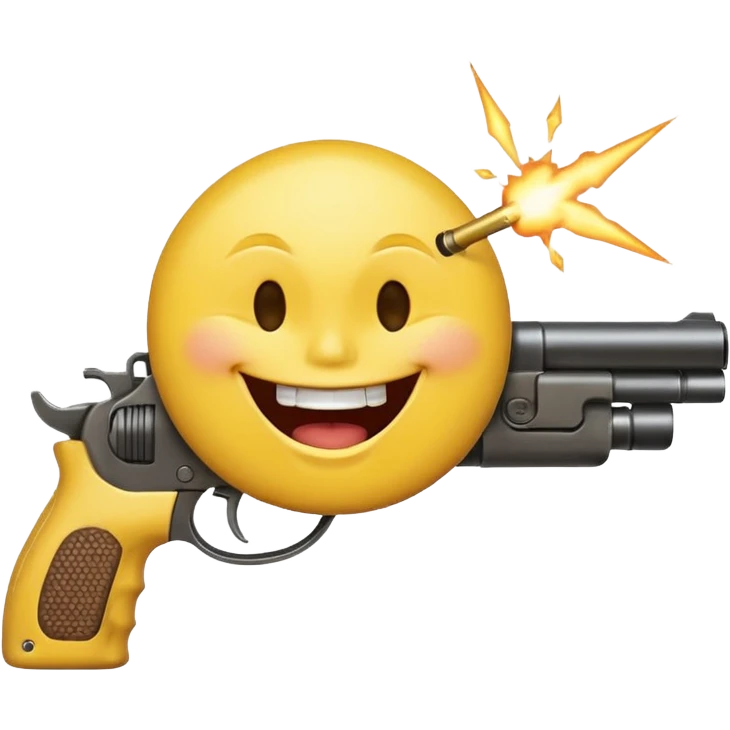 Yellow laughing face pointing gun at its own mount. The barrel of the gun is pointed towards the smile into the mouth. The back of the gun faces the viewer emoji