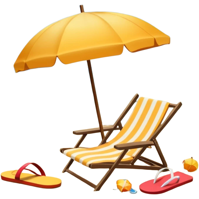 Icon for Beach Tourism: a sunny beach with the sea and waves, a lounge chair, a sun umbrella, and flip-flops on the sandy shore. The background should be a clear, vibrant ocean view with the sun shining brightly. Transparent background. emoji