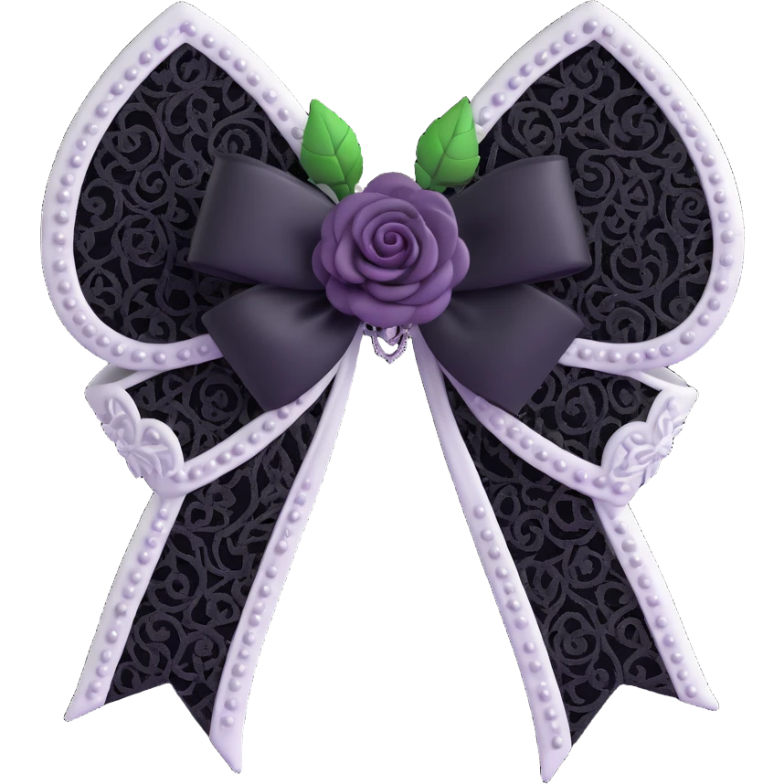 3D emoji gothic bow, white velvet, silver filigree, black lace trim, black rose center, dark pearl accents emoji