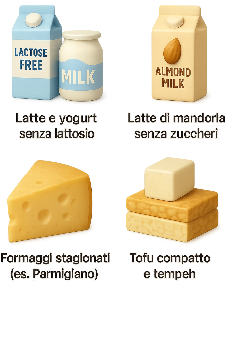 emoji stile iphone 3d di questi elementi che fluttuano in aria:

Latte e yogurt delattosati
Latte di mandorla (non zuccherato)
Latte di soia da proteine isolate
Formaggi stagionati (es. parmigiano)
Tofu compatto e tempeh
 che fluttuano in aria,  le etichette scrivile in italiano, iperealistico 4k emoji