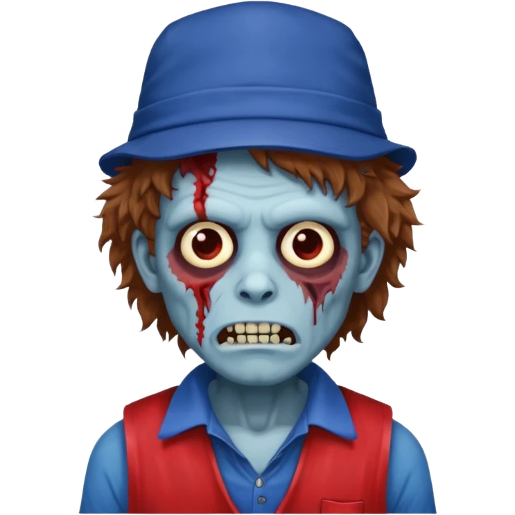 brown fluffy hair zombie with blue and white hat dark blue jilet red t shirt emoji