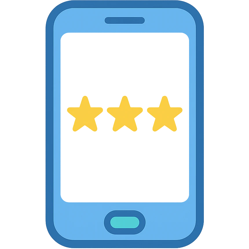 Smartphone icon, flat emoji style, outline with blue and turquoise colors, screen showing three gold/yellow stars aligned in a horizontal row, white background emoji