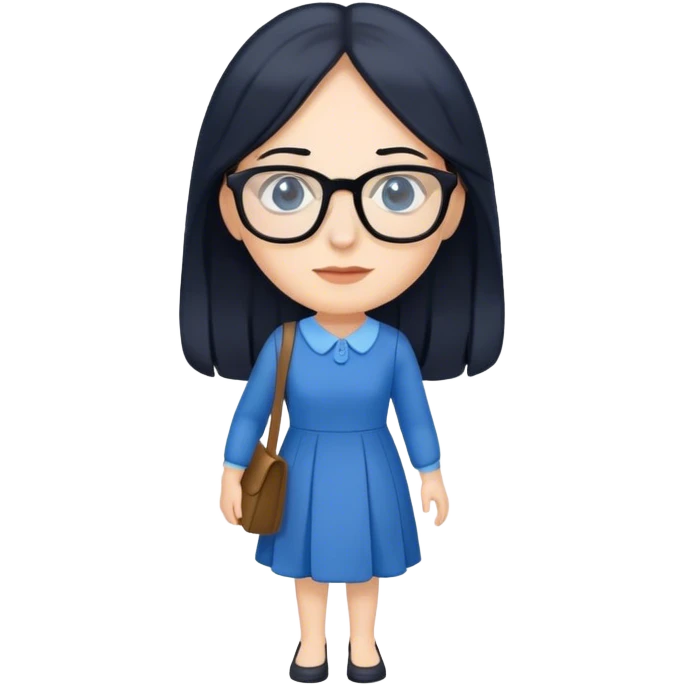 pale female teacher with long black hair, wearing glasses and blue dress walking emoji