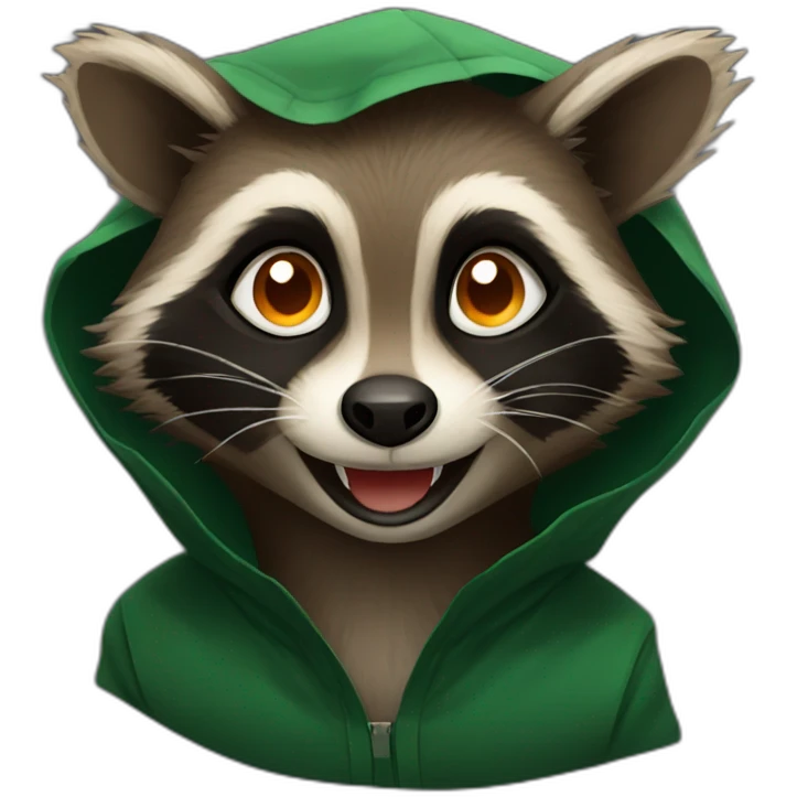 brown raccoon with orange eyes and a dark green hood that is laughing emoji