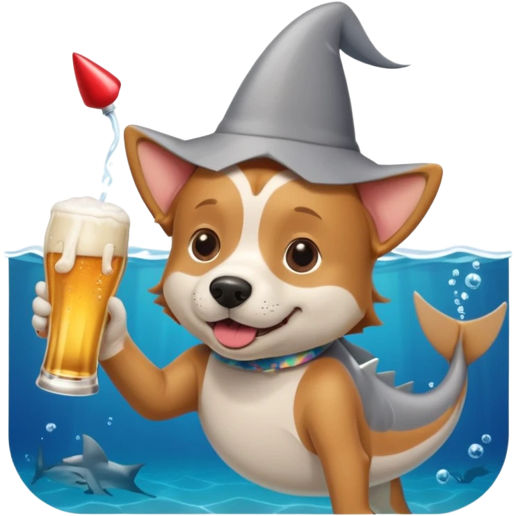 Dog drinking a beer in a fancy glass while swimming with a shark emoji