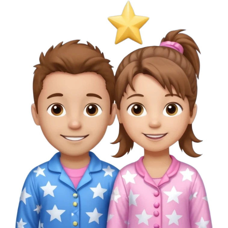 4 year old brown spikey haired boy with blue pajamas with stars on them and a 1 year old brown haired pony tail girl with pink pajamas, and stars on them with light skin. Top left on, can you make them smile more with lighter skin emoji