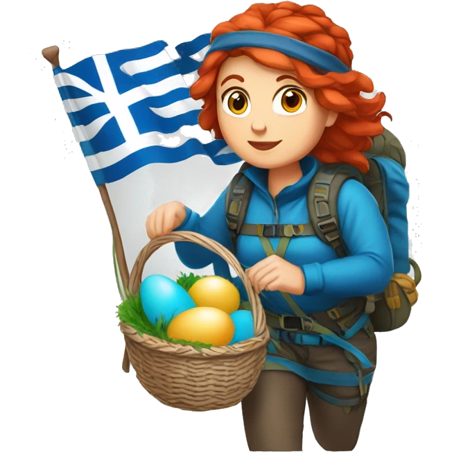 Greek Female winter mountaineer red hair white skin climbing with Greek Flag and Easter eggs basket emoji