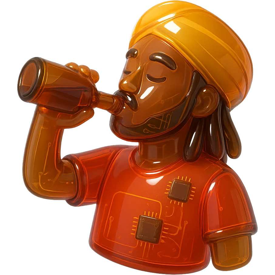 Brownskin man with long brown dreadlocks 
red t-shirt 
yellow turban 
expression is drinking alcohol emoji