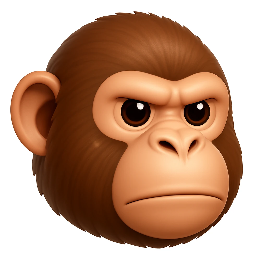 Keep the image exactly the same, just make the fur brown instead of green. iOS emoji style, 3D, shiny, smooth gradients, soft shadows, realistic chimpanzee face, classic emoji look. Add a subtle highlight to the fur. The style should resemble the iOS 3D emoji style with shiny and smooth gradients and soft shadows. emoji