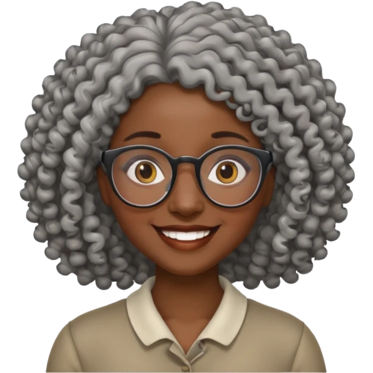 smiling dark black woman wearing glasses with lots of curly gray hair a emoji
