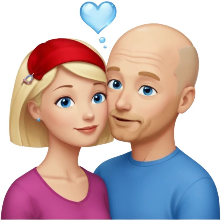 middle aged bald man with salt and blonde scruff, blue eyes and short haired blonde woman with blue eyes kissing each other emoji