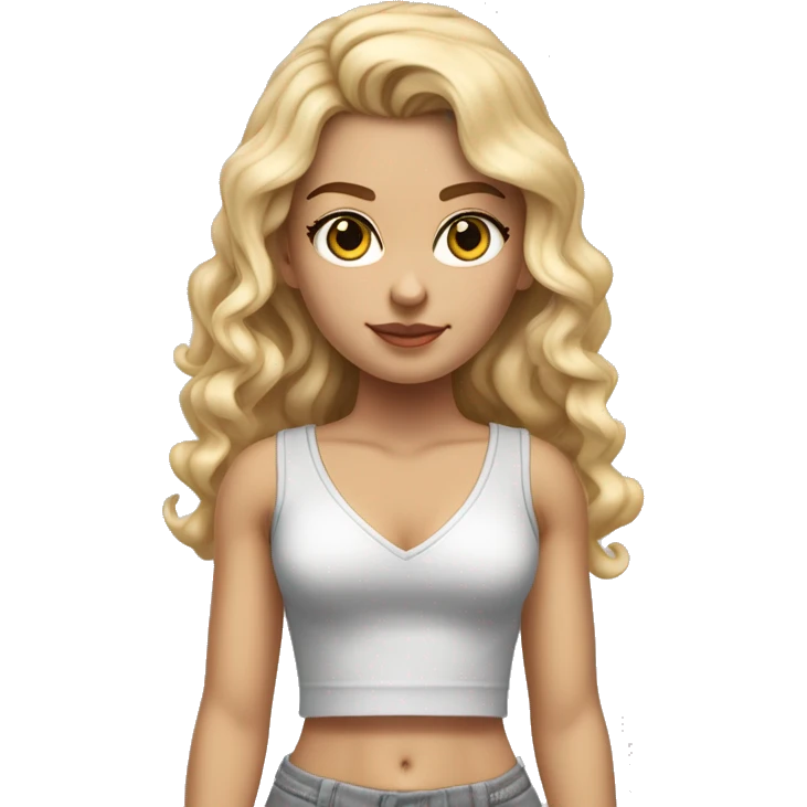 hyperrealistic caucasian blonde, long straight hair curled on ends falling in her eyes, white deep v-neck crop tanktop, gray tight mini skirt, walking body view emoji