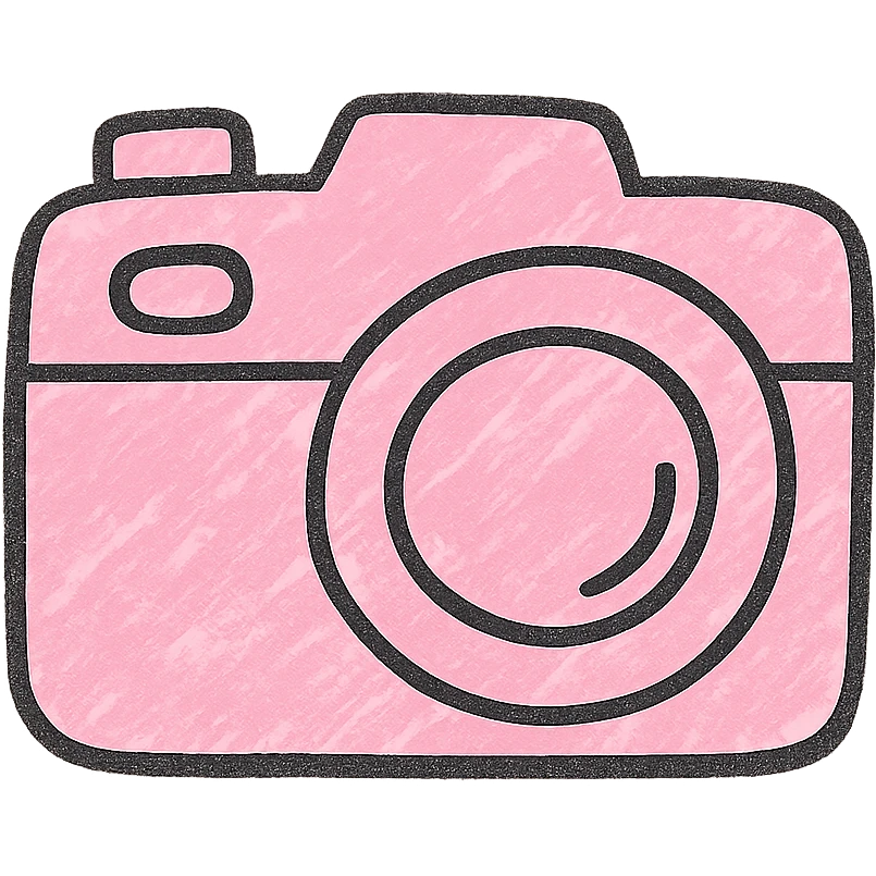soft and cute camera icon, pink theme, Japanese hand-drawn style, transparent background, for mobile home screen emoji