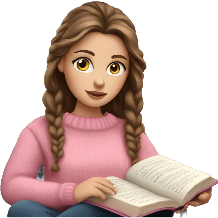 Pretty white girl with blue eyes and brown hair in pink cozy sweater reading book emoji