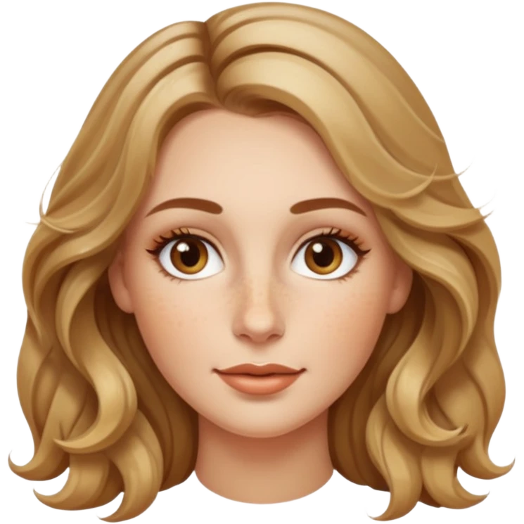 creative women with long dark Blond with highlights wavy hair white women, oval shape face hazel eyes long lashes little bit of freckles on the nose high cheek bones emoji