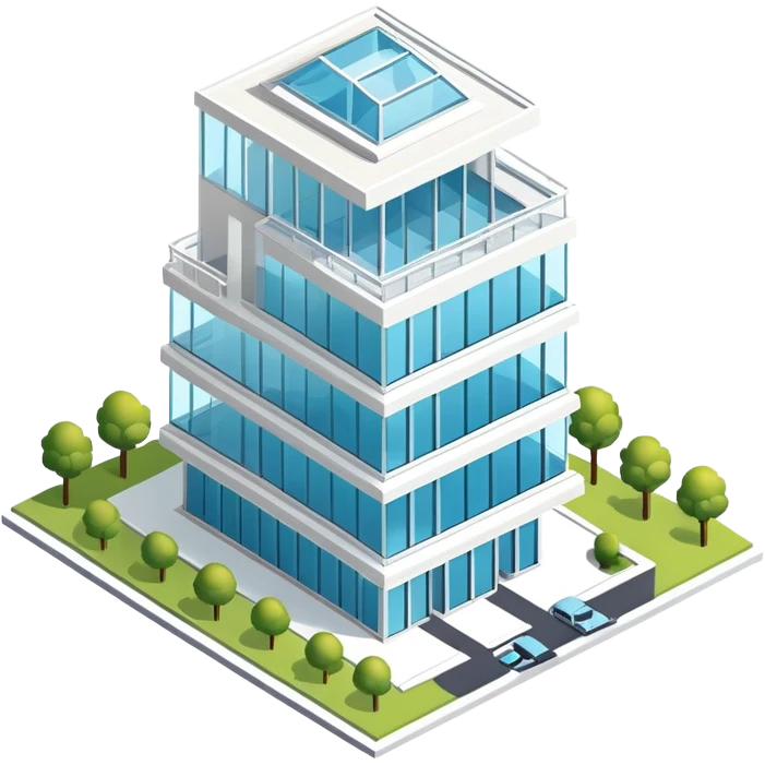 corporate headquarters exterior, isometric dollhouse-style, highly detailed  emoji