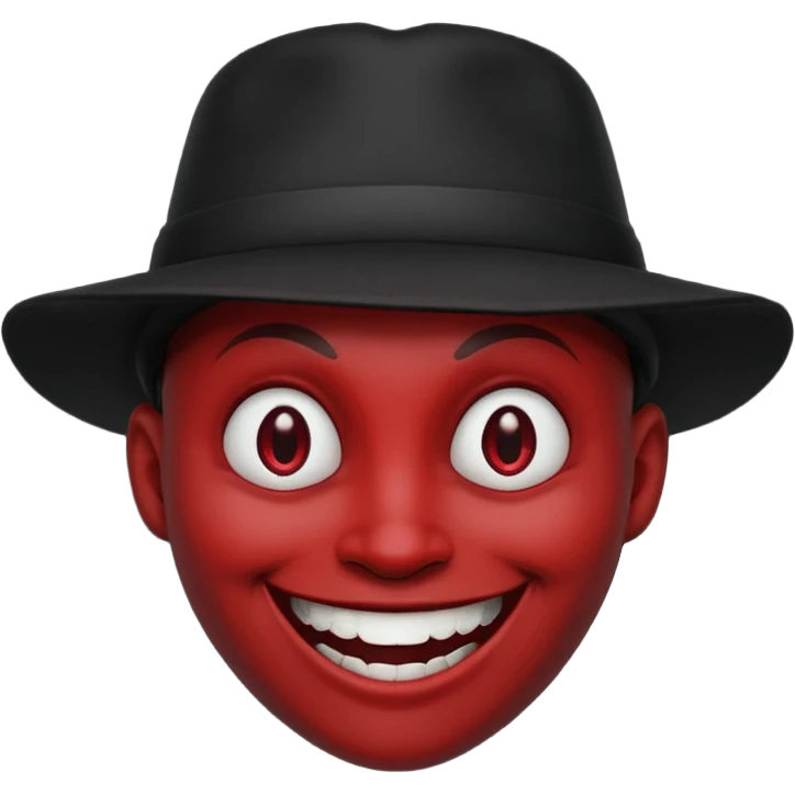 Evil face, smiling, dark red, grin, round face shape, dark style, black hat emoji