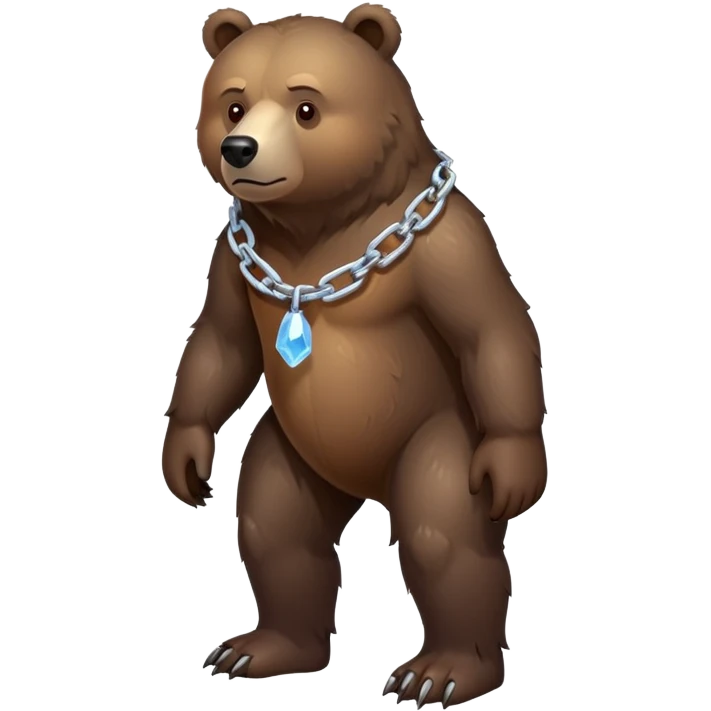Very dark brown bear in full body view on all four legs, highly realistic fur texture, serious expression, full-length view with ice chain around neck emoji