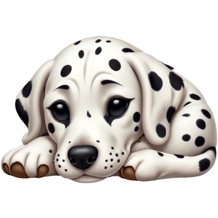 Meme-Worthy Cute Sleeping Spotted Dalmatian Portrait Emoji, Head resting peacefully with a contented smile, showcasing a delightfully majestic build and a luxuriously soft Fur of predominantly white with bold black patches, eyes shut in a serene nap, Simplified yet hilariously adorable features, highly detailed, glowing with a soft, drowsy light, high shine, relaxed and utterly lovable, stylized with an air of playful laziness, bright and heartwarming, soft glowing outline, capturing the essence of a comically sleepy guardian, so meme-worthy it feels like it could instantly become the next viral sensation of adorable slumber! emoji