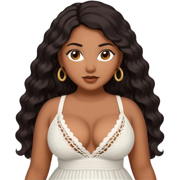 Curvy woman with brown skin with long wavy black hair, brown eyes. Massive boobs, She's wearing a white crotchet dress showing cleavage  emoji