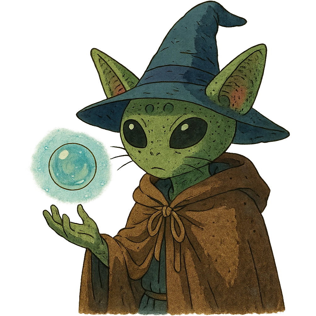 alien cat wizard with a floating orb in a mystical atmosphere emoji