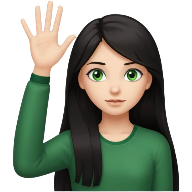Animated girl dark long hair green eyes emoji holding right side of the head with her hand with duh facial expression , hand on her head emoji