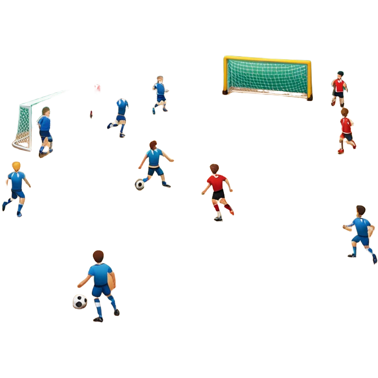 A mini-football match in an indoor sports hall with wooden flooring and clear field markings. The scene shows a vibrant game in action, with players positioned on the court, the goalposts visible, and the atmosphere filled with energy and focus. emoji