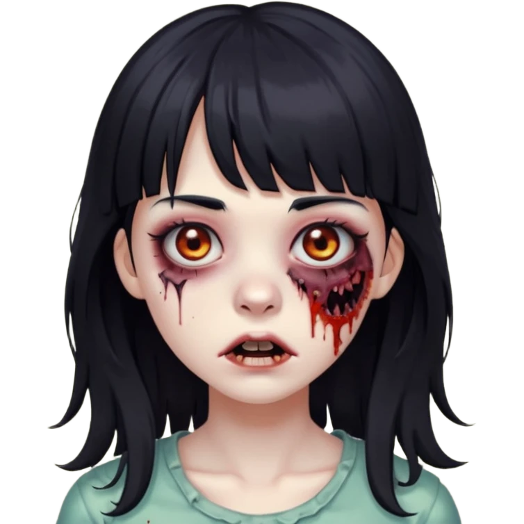 Zombie girl, black hair with bangs, slightly wavy,long hair,long eyelashes, black eyes,iOS style emoji
