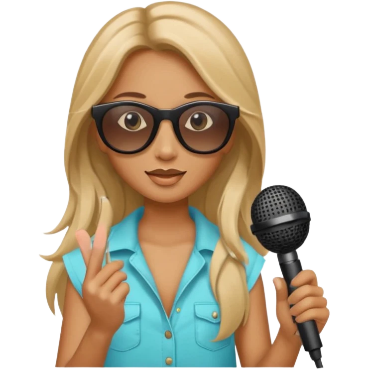 long haired woman with summer clothes and sun glasses holding microphone emoji