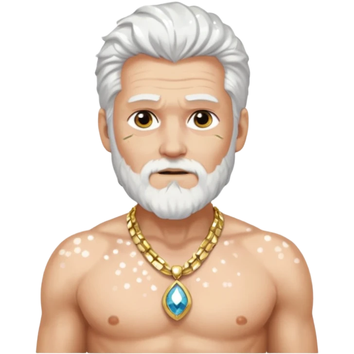 Odin with white hair, white sequin loincloth, shirtless with necklace emoji