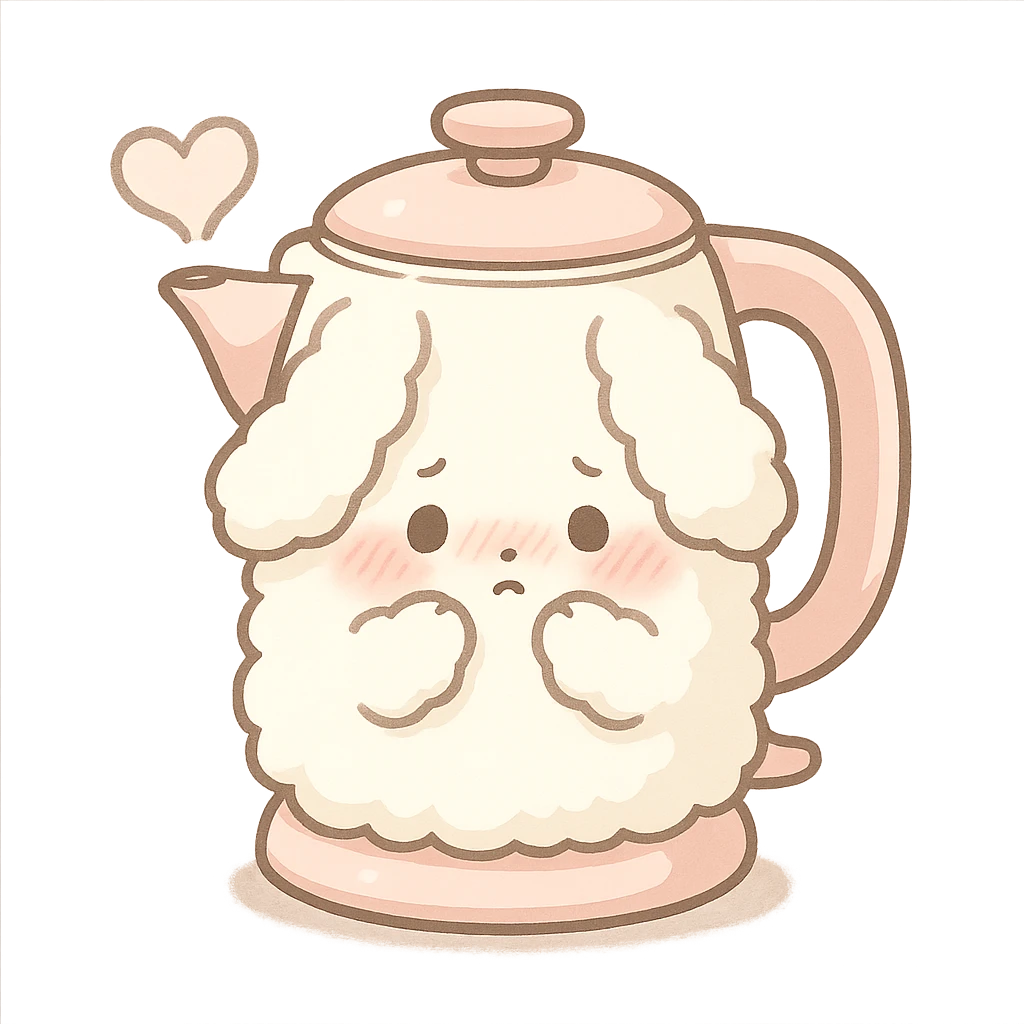 kawaii style electric kettle as a shy soft fluffy bunny, steam heart, pastel white and pink, full-body emoji