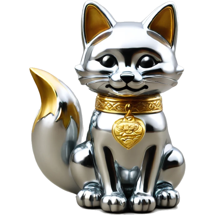 fully chrome fox statue in the form of maneki neko emoji