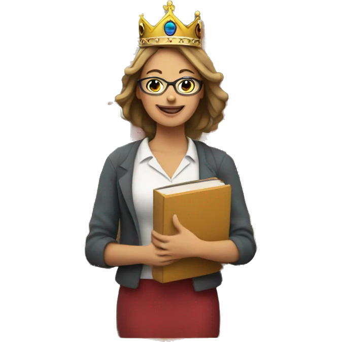 a relaxed female teacher who is on the top wearing a crown, enjoying the best life, surrounded by books  emoji