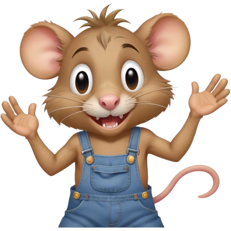 disheveled dizzy cartoon hillbilly rat wearing overalls no shirt. standing and talking full body. human eyes. teeth showing talking. walking talking moving arms. reacting emoji