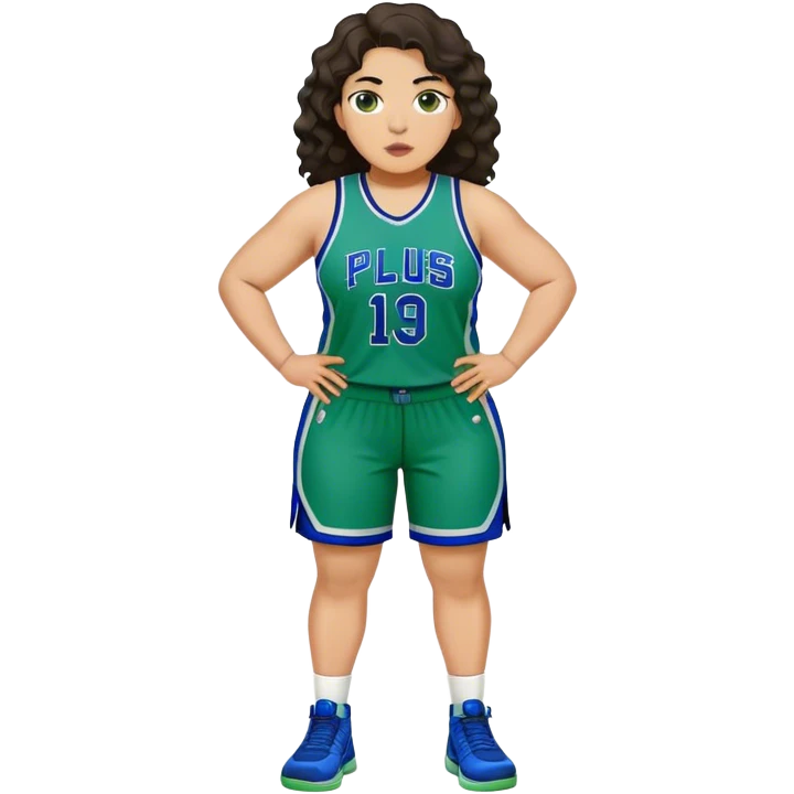 full body plus size light skin latino women basketball player with wavy dark hair large wide nose wearing blue with green uniform emoji